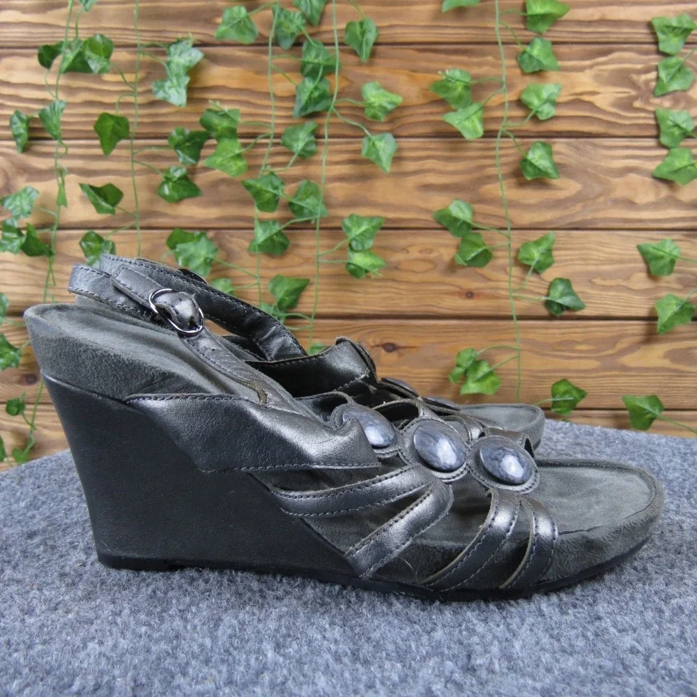 Aerology Plushetta Women 8.5 Pewter Synthetic Wedge Sandals Strappy‎ Comfort